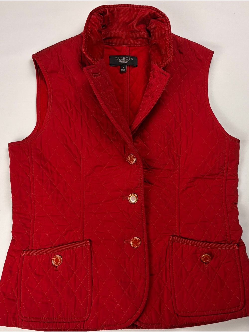 Talbots Red Quilted Button-Front Vest with Notch Collar